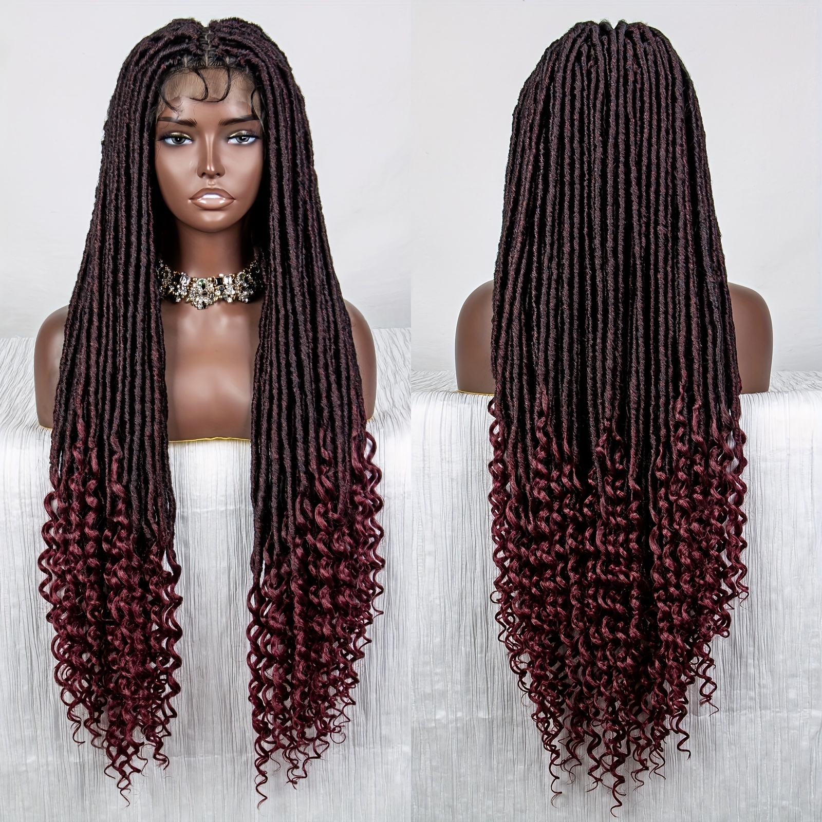 Knotless Braided Wig for Black Women Ombre Burgundy Full Lace