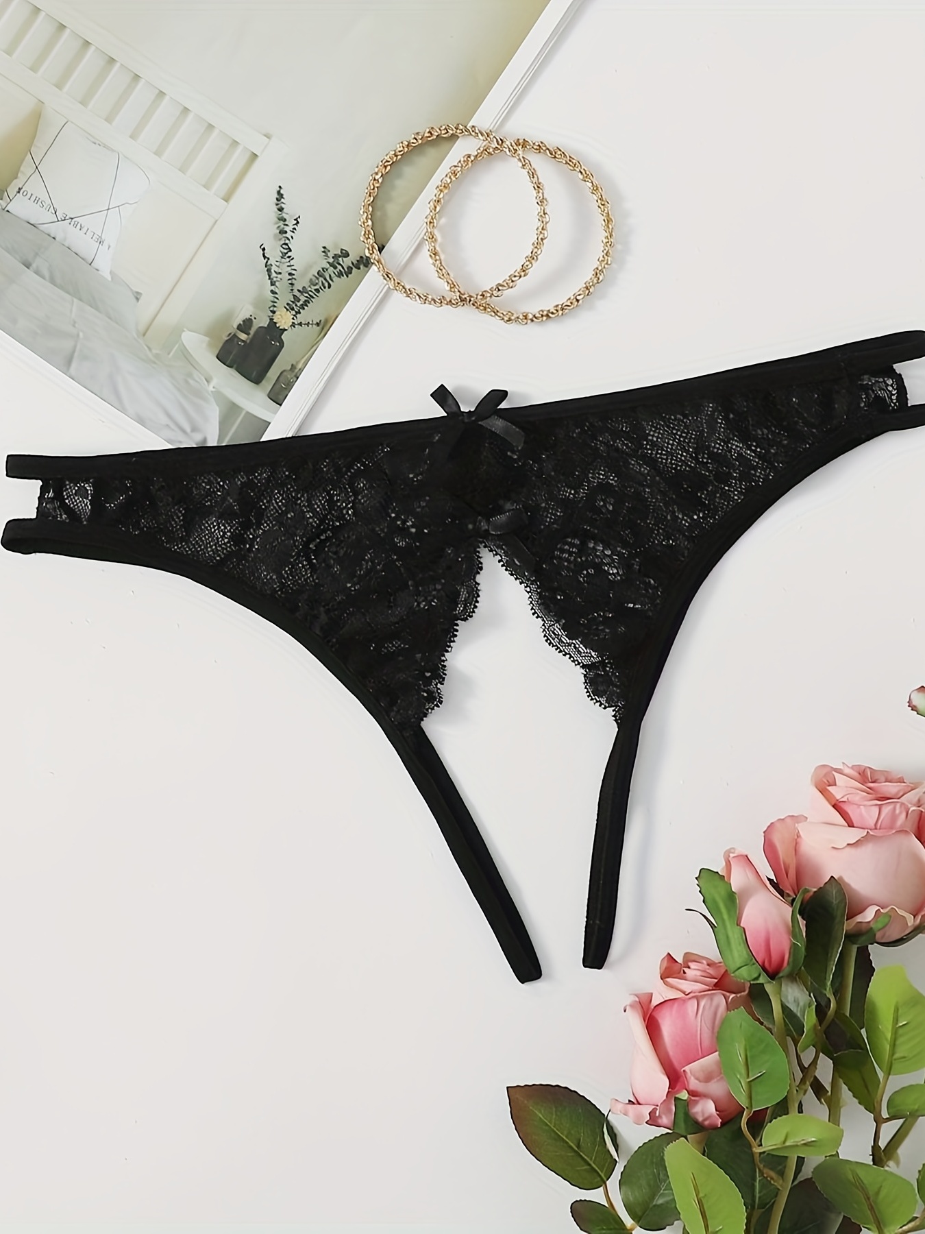 Crotchless Thongs for Women Sexy Brief Floral Lace Hipsters Side