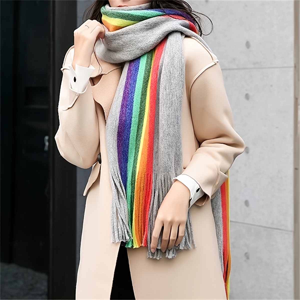 Rainbow Striped Chunky Scarf Women's Cute Imitation Cashmere - Temu