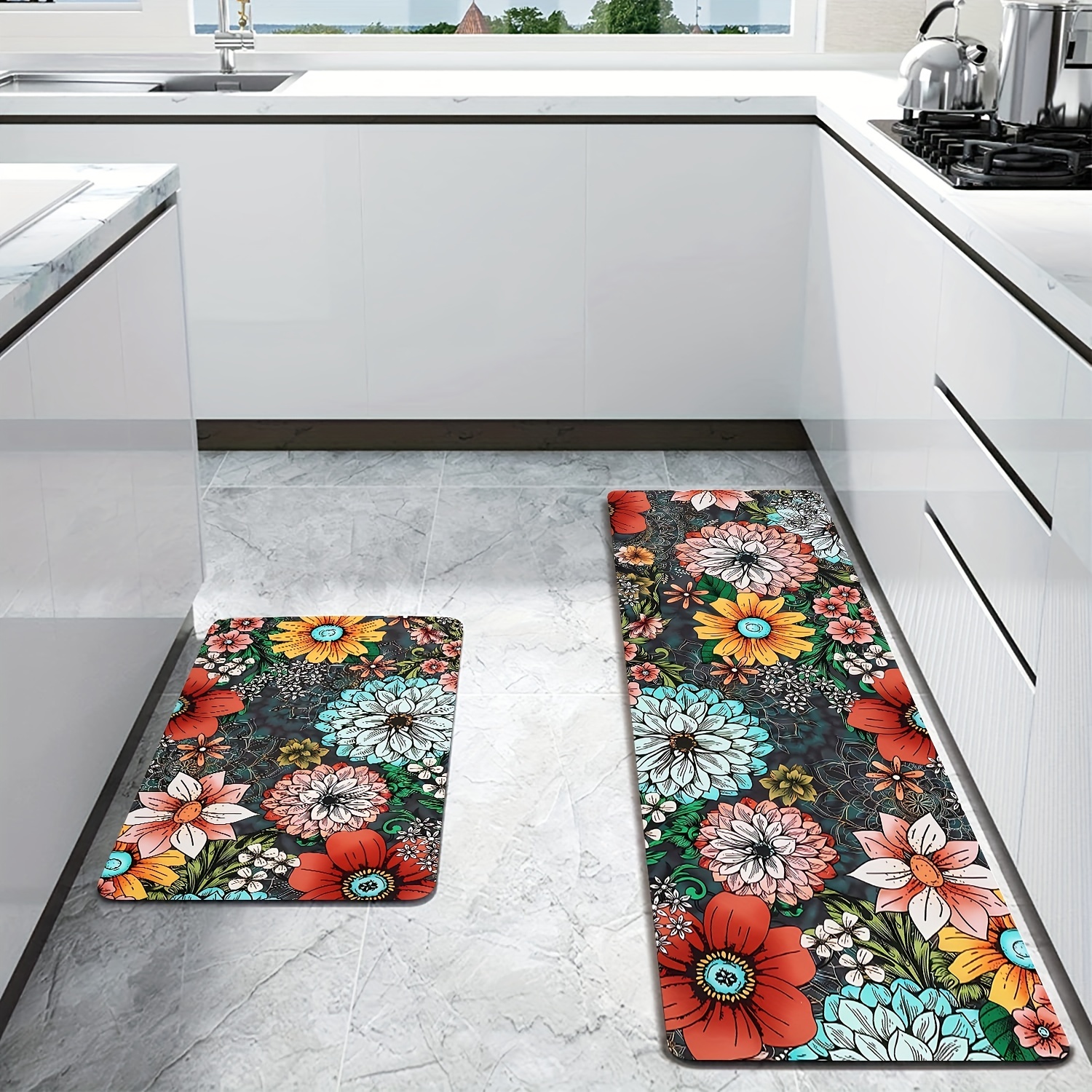 Bohemian Watercolor Floral Kitchen Strip Mat With Anti Slip Soft