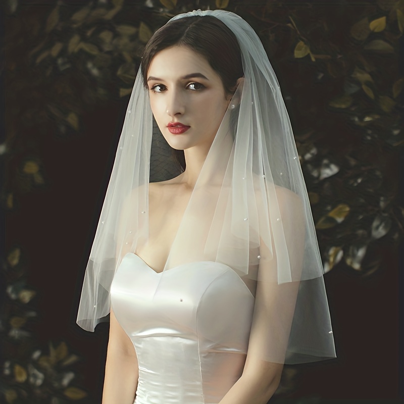 Double Layer Wedding Veil With Faux Pearl Bridal Veil - Temu