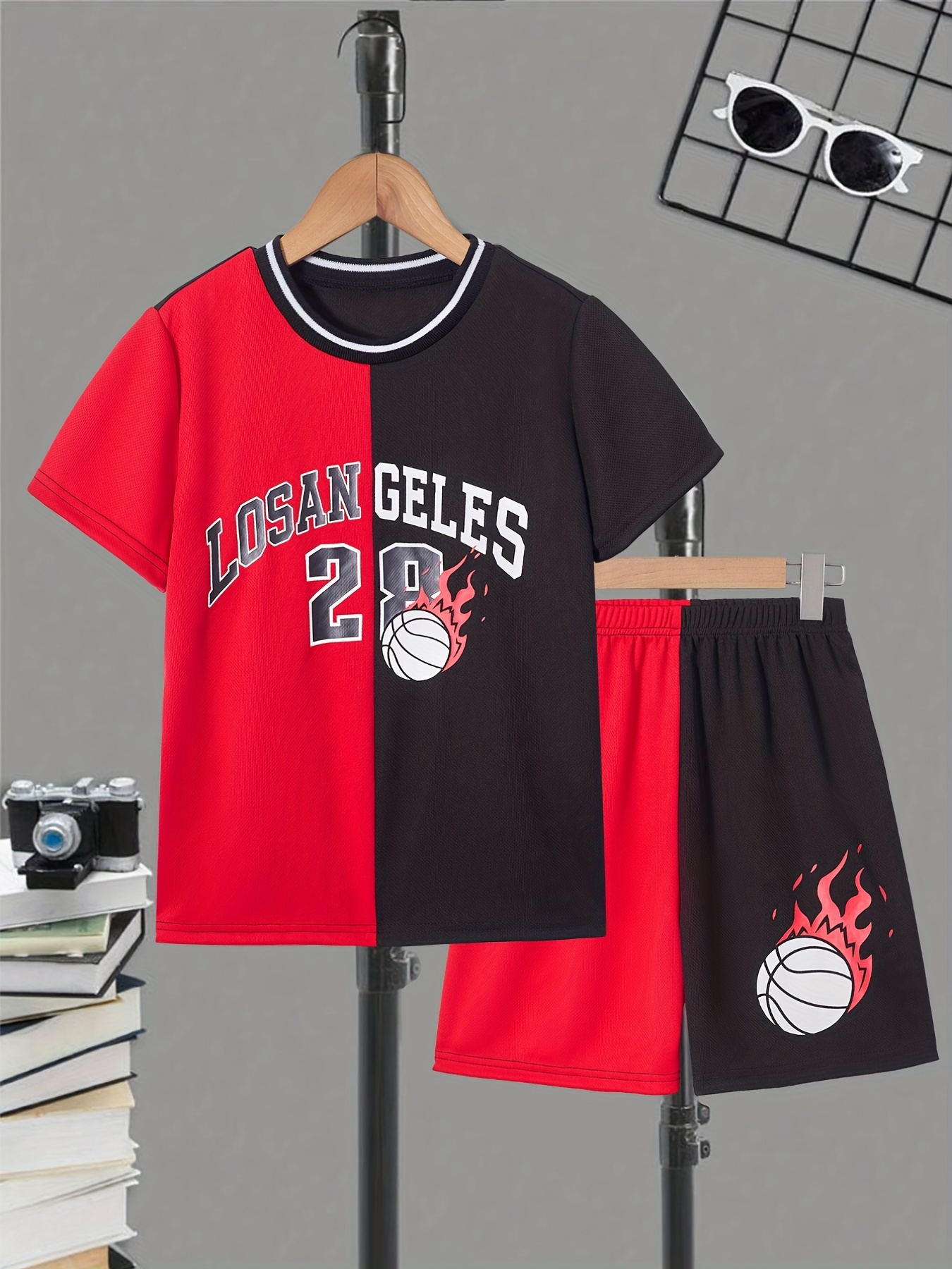Short-sleeved V Neck Basketball Graphic Fake Two-piece T-shirt & Shorts,  Children's Summer Quick-drying Sports Suit