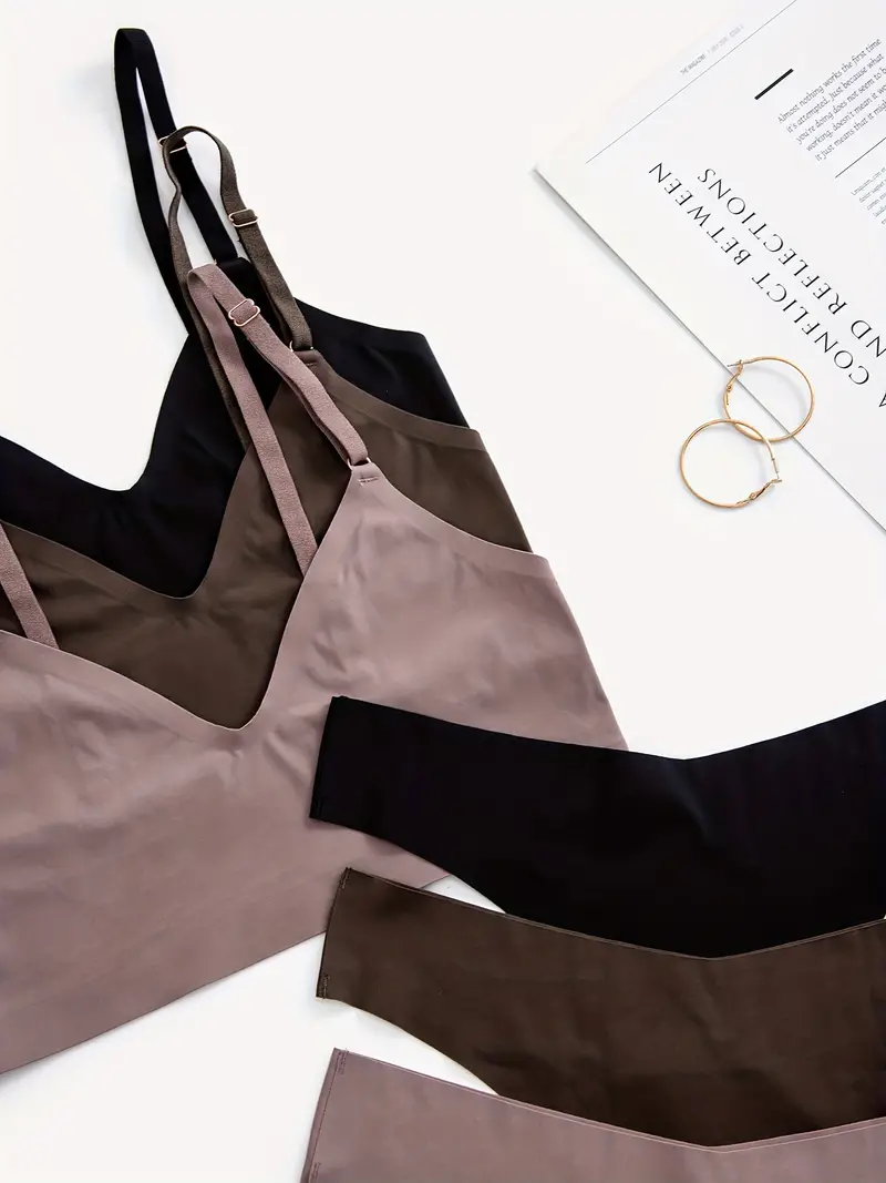 4 Sets Seamless Bra & Panties, Simple Wireless Bra & Elastic Thong Lingerie  Set, Women's Lingerie & Underwear