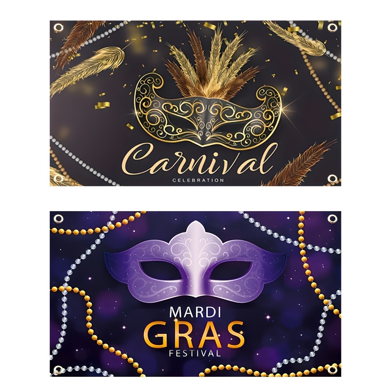 Mardi Gras Flag Happy Carnival Decoration Vivid Color and Purple Mask  Polyester with Brass Grommets Outdoor Family Decor Party