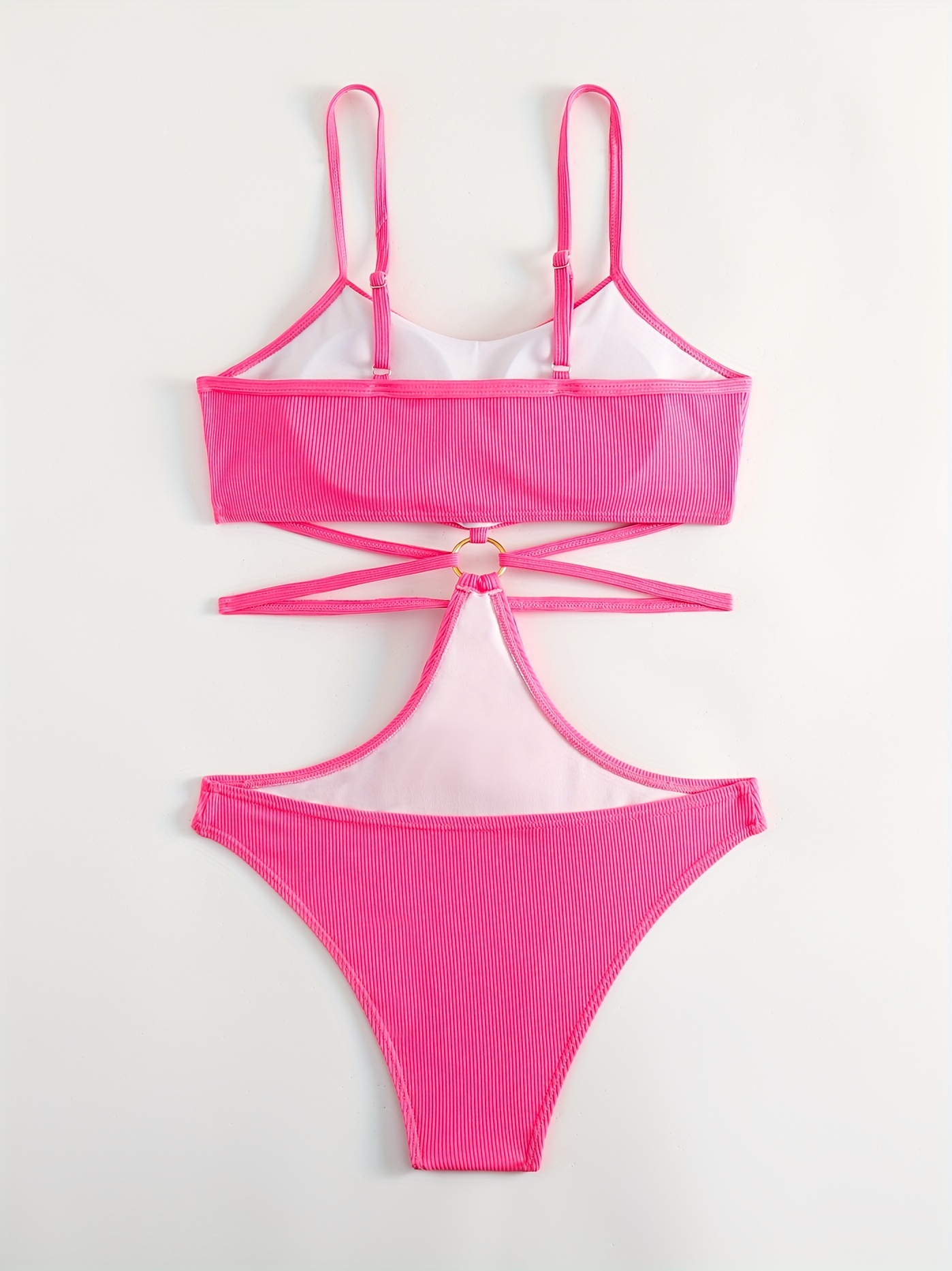 Magenta Rib knit Swimsuit Ring linked Cut High Cut - Temu