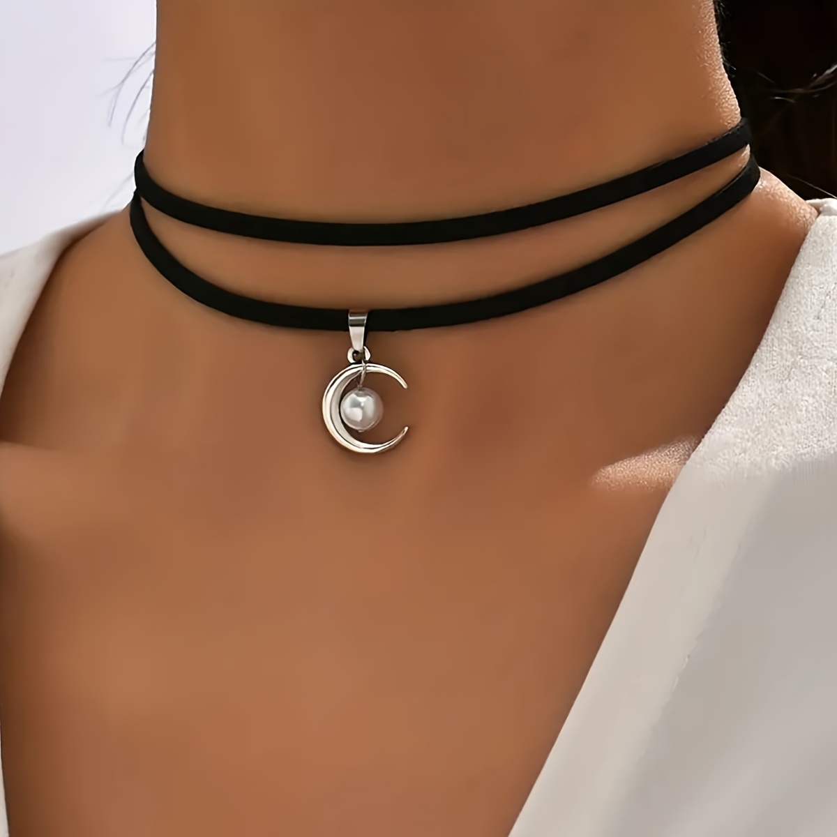 TEMU Collar De Gargantilla Con Colgante De Luna De Perlas Falsas De Doble Capa, Regalo De Joyería Para Mujer Para Eid, Ramadán