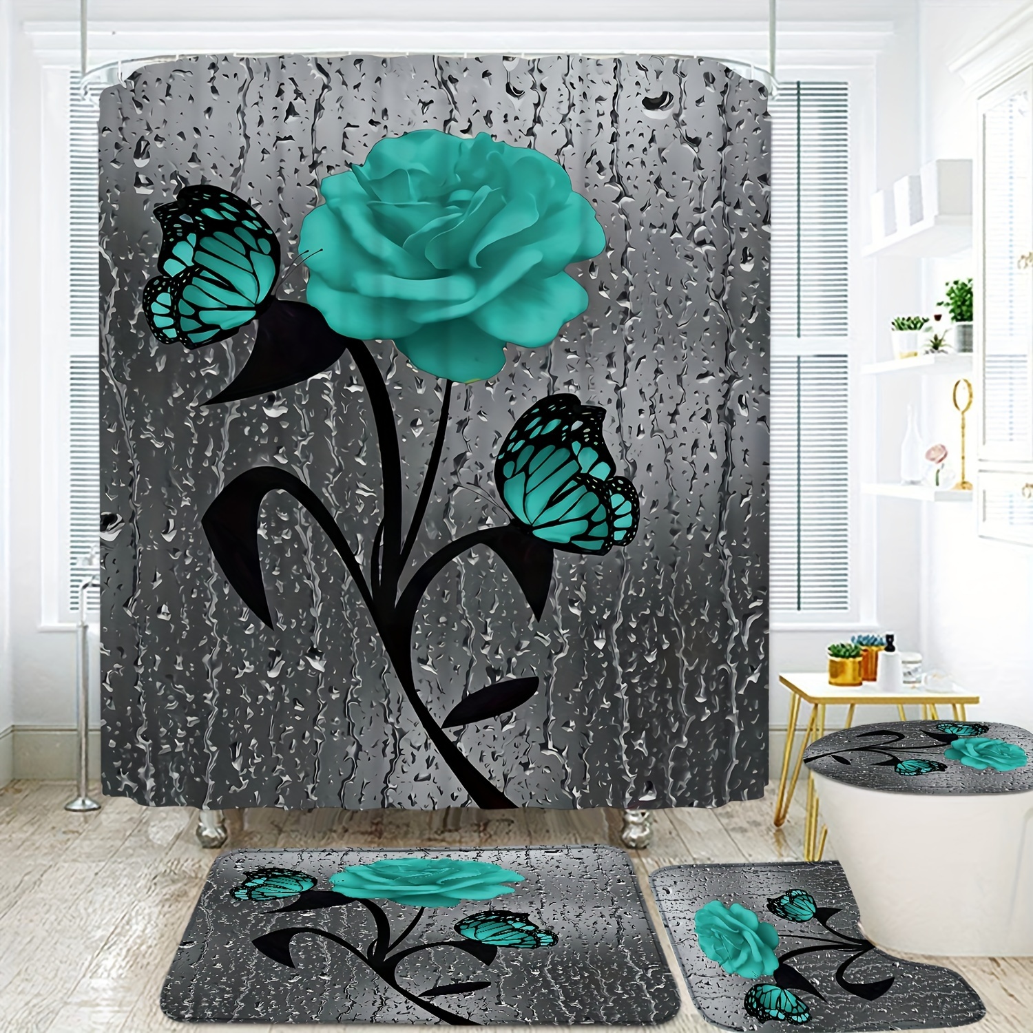 

4pcs Butterfly Flower Printed Shower Curtain Set, Waterproof Shower Curtain With 12 Hooks, Non-slip Rug, Toilet Lid Cover Pad And U-shaped Mat, Bathroom Accessories, Home Bathroom Decor