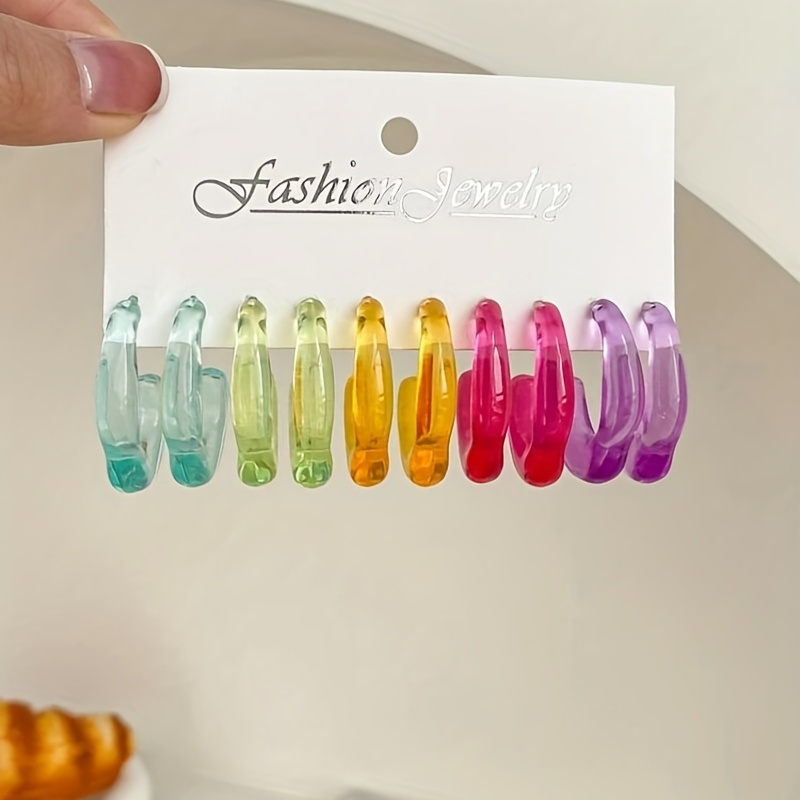 

5 Pairs Jelly Candy Color Hoop Earrings Set Cute Minimalist Style Plastic Jewelry Delicate Summer Accessories