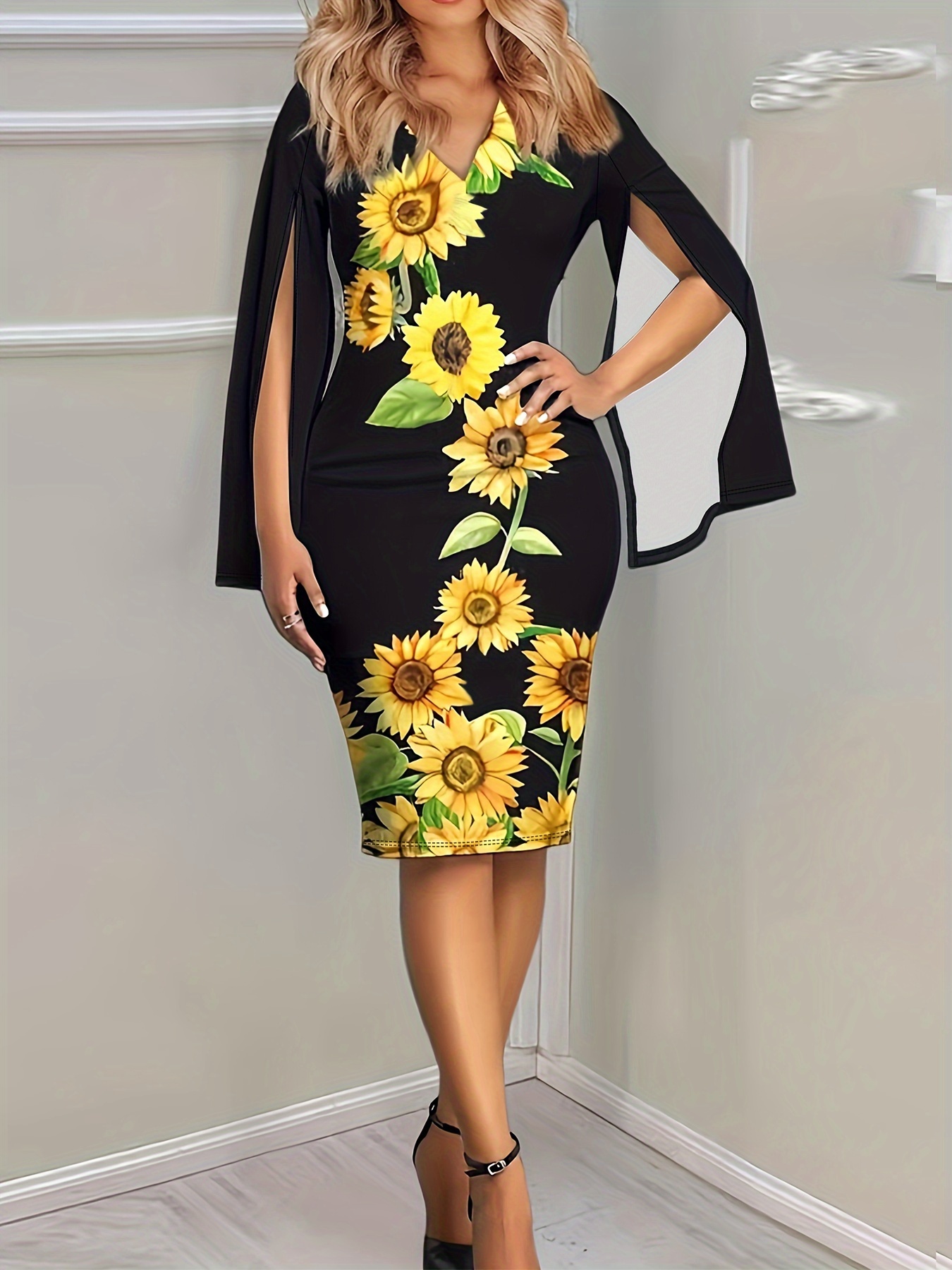 Sunflower Print Split Sleeve Dress, Elegant V Neck Bodycon Dress, Women's  Clothing