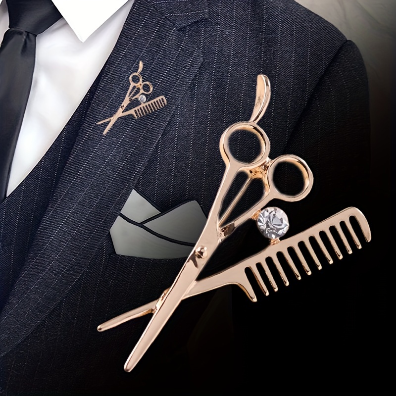 1PC Hairdresser Brooch For Men, Inlaid Artificial Diamond Badge, Scissors  Comb Small Suit Pin