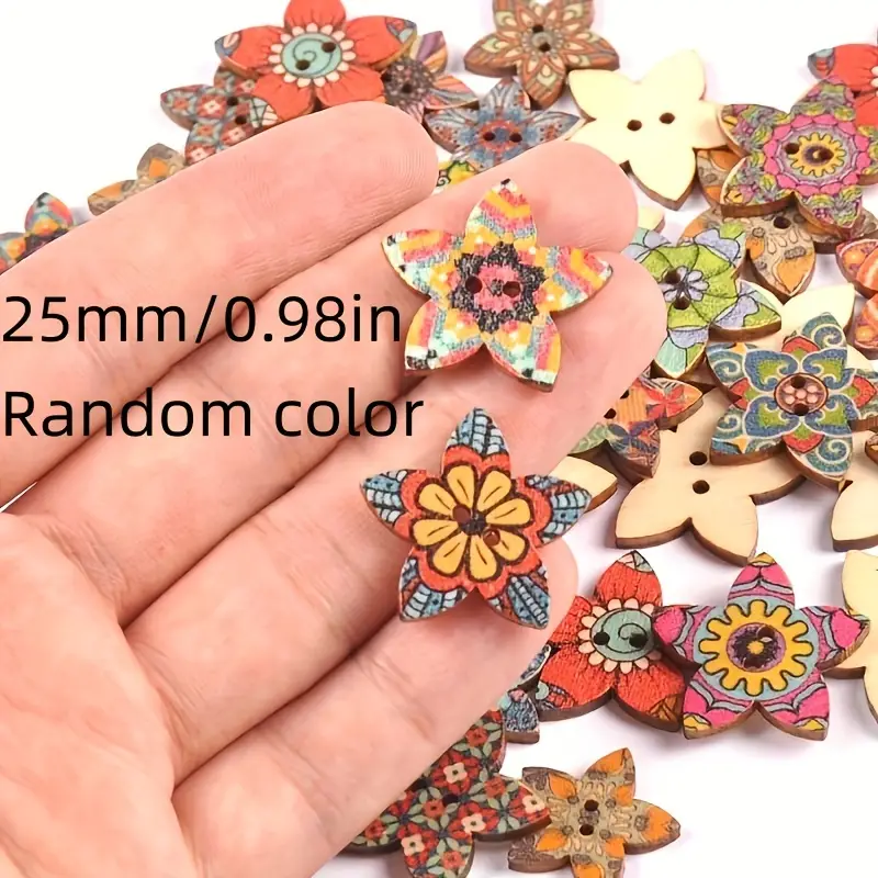 Wood Buttons For Crafts, Mixed Pattern Wooden Buttons Star Buttons