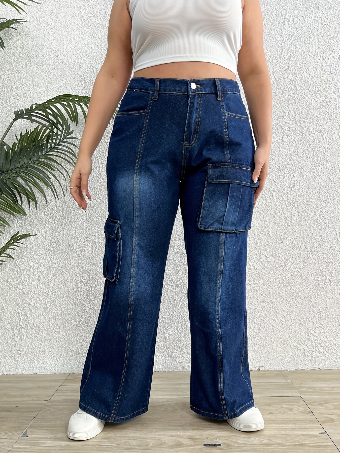 Plus Size Trendy Jeans Women's Plus Soild Zipper Button Fly - Temu