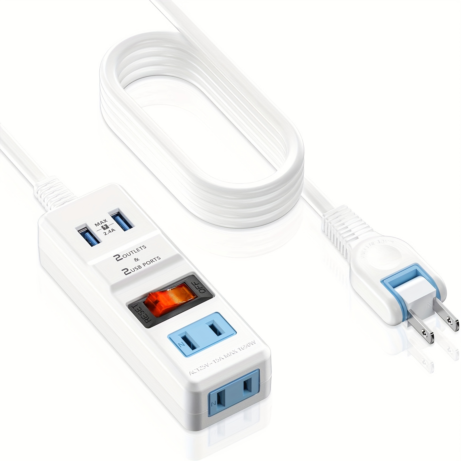  Regleta de alimentación de interruptor individual con 6  tomacorrientes, 3 USB (17 W USB C), cable trenzado de 5 pies, enchufe plano  ultrafino, cable de extensión de montaje en pared 13A