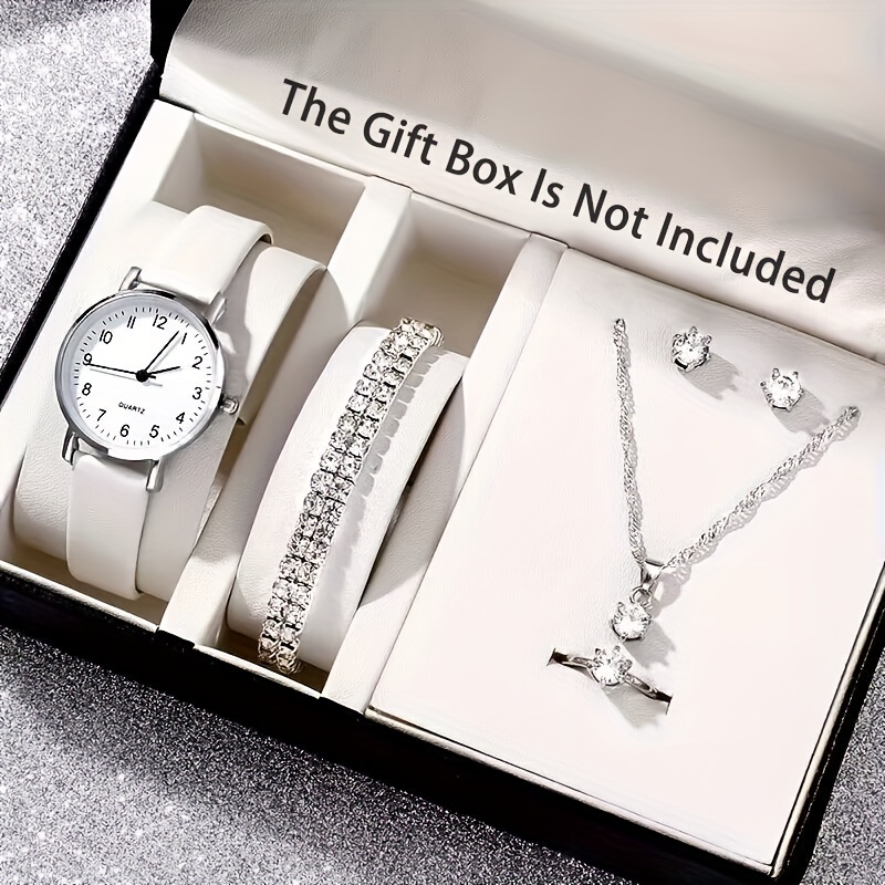 

6pcs/set Women's Watch Casual Round Pointer Quartz Watch Analog Pu Leather Wrist Watch & Jewelry Set, Gift For Mom Her