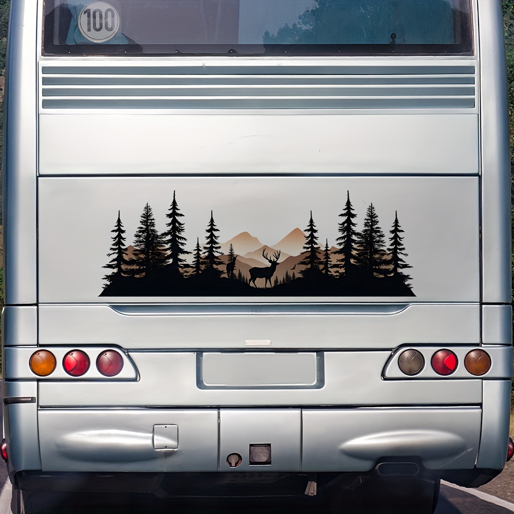 Image of 1pc Forest & Wildlife Wall Decal - Pine Trees, Deer & Birds Pvc Sticker, Semi- For Home, Office, Rv, Car & Truck Decor - To Smooth Surfaces