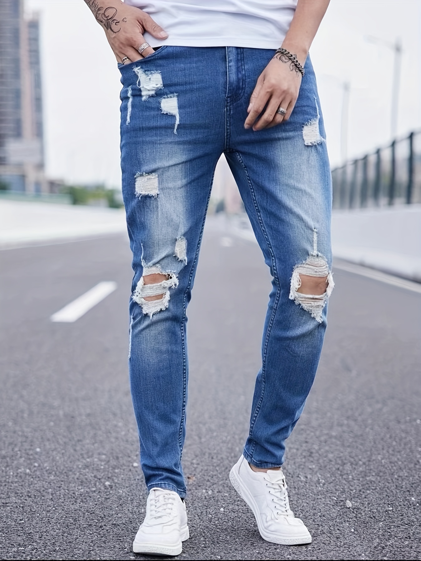 Slim Fit Ripped Cotton Blend Jeans, Men's Casual Style Distressed Mid Stretch Denim Pants For Spring - Temu Denmark