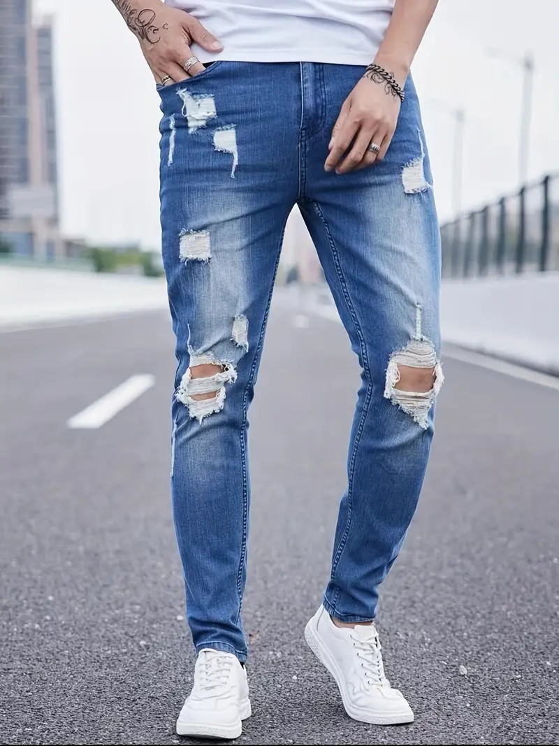 Slim Fit Ripped Cotton Blend Jeans Men\'s Casual Street Style - Temu