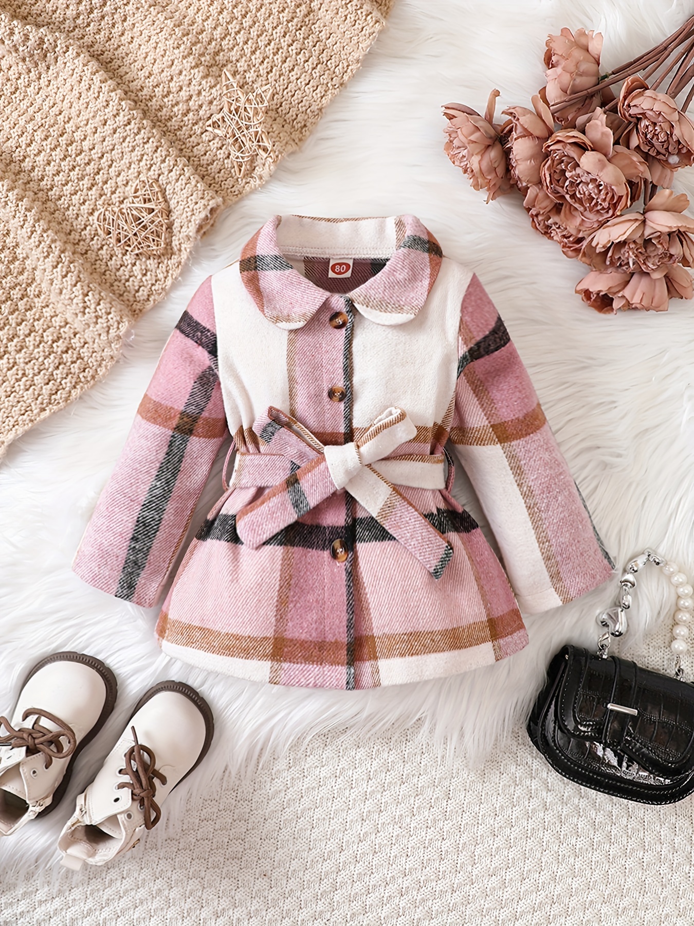 Baby Girls Fashion Plaid Fleece Thickened Bow Coat Spring - Temu