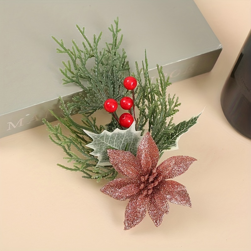 Artificial Glittered Poinsettia Red Berry Stems With Red - Temu