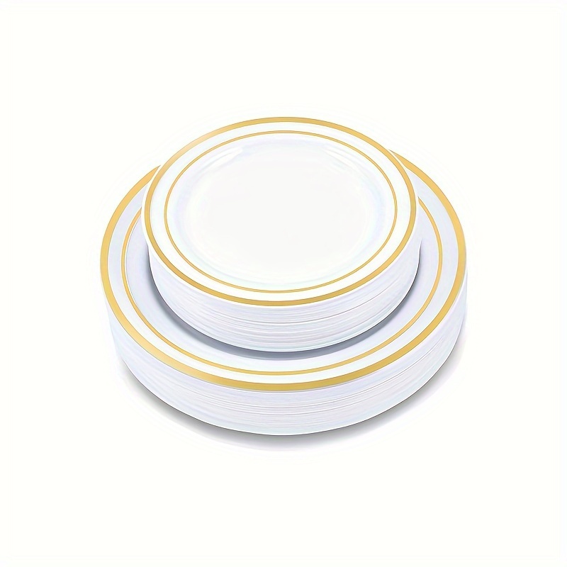 50pcs golden rim embossed plastic dinner plate recycle disposable 10 25 inch dinner plate and 7 5 inch heavyweight dessert plate with exquisite rose lace suitable for wedding party birthday and christmas party supplies dinnerware accessories