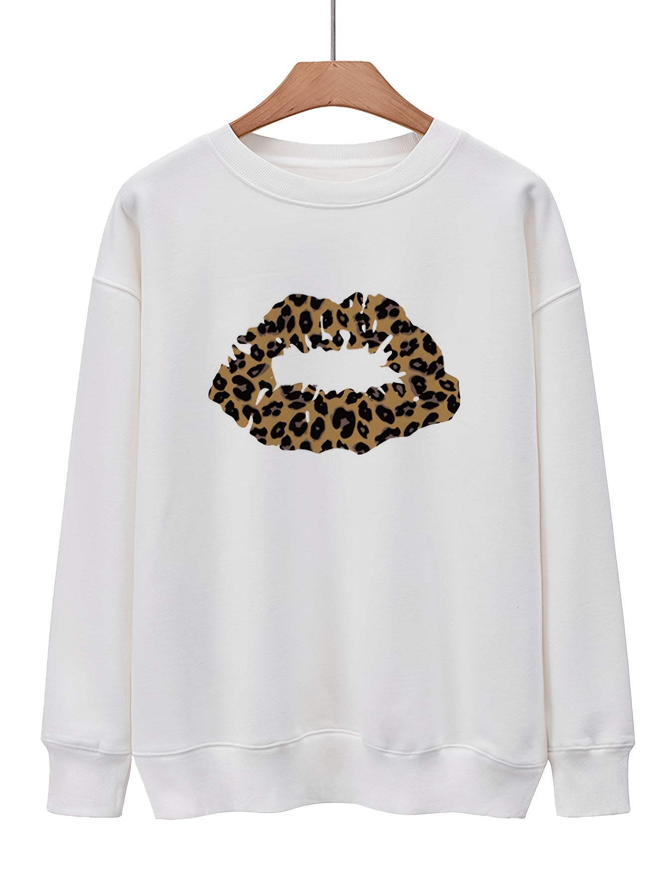 White Crew Neck Leopard Lips Graphic Sweatshirt