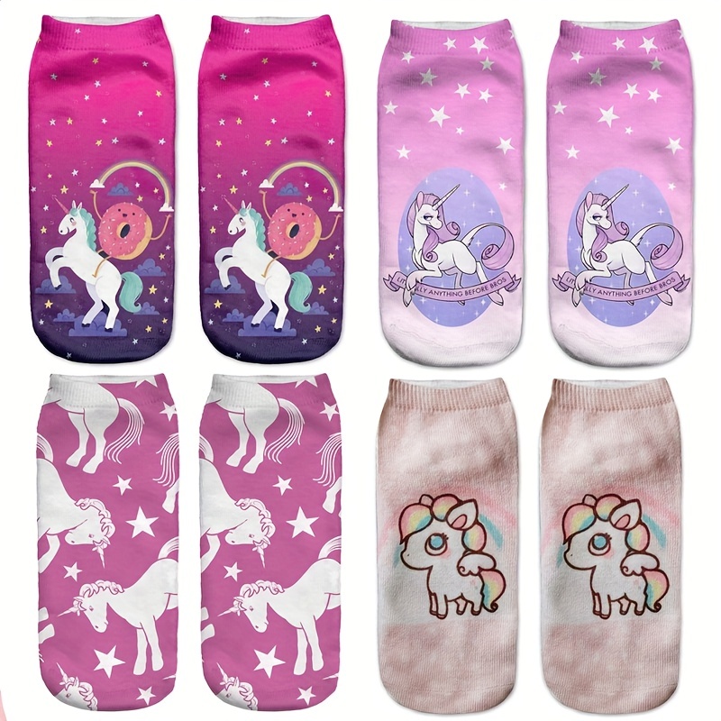 

4 Pairs Unicorn Pattern Socks, Cute & Lightweight Low Cut Socks, Women's Stockings & Hosiery