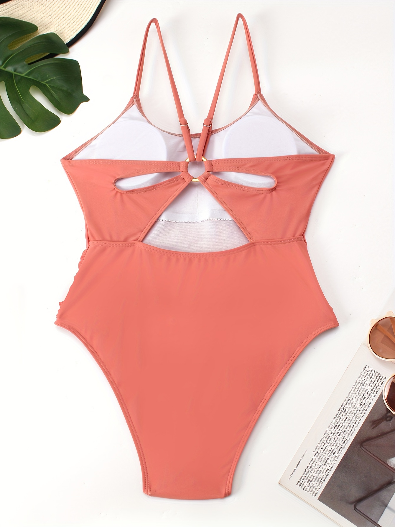 Solid Color One piece Swimsuit Round Neck Ring linked Hollow - Temu Canada