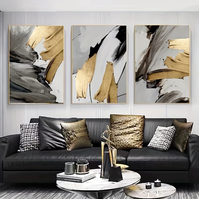 

3pcs Abstract Gray Golden Texture Canvas Painting, Luxury Wall Art Pictures For Living Room Decor, Loft Apartment Home Office Wall Decor Poster Mural, No Frame