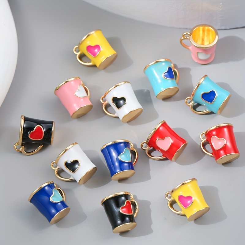 

10pcs Golden Color Lovely Enamel 3d Cup Heart Pattern Charms Creative For Diy Necklace Key Bag Chain Jewelry Making Handmade Craft Supplies