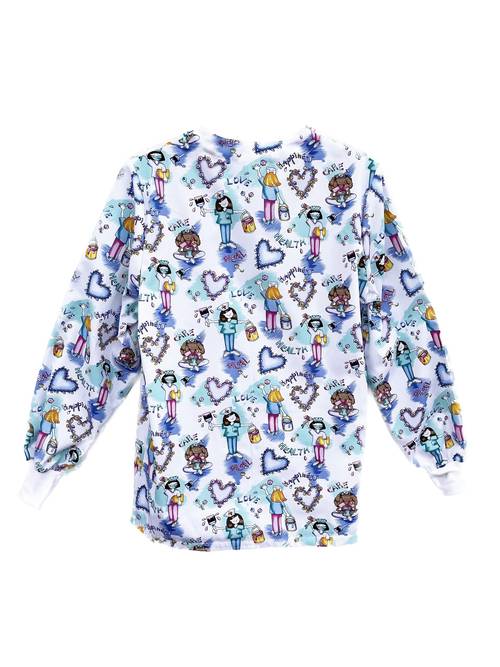 cartoon-druck krankenschwester-arzt uniformjacke - hellblaue ärmel rundhalsmütze mit , maschinenwaschbar & chemisch reinigungsgeeignet, ganzjahres-kleidung für gesundheitsfachkräfte, pflegeleichtes material