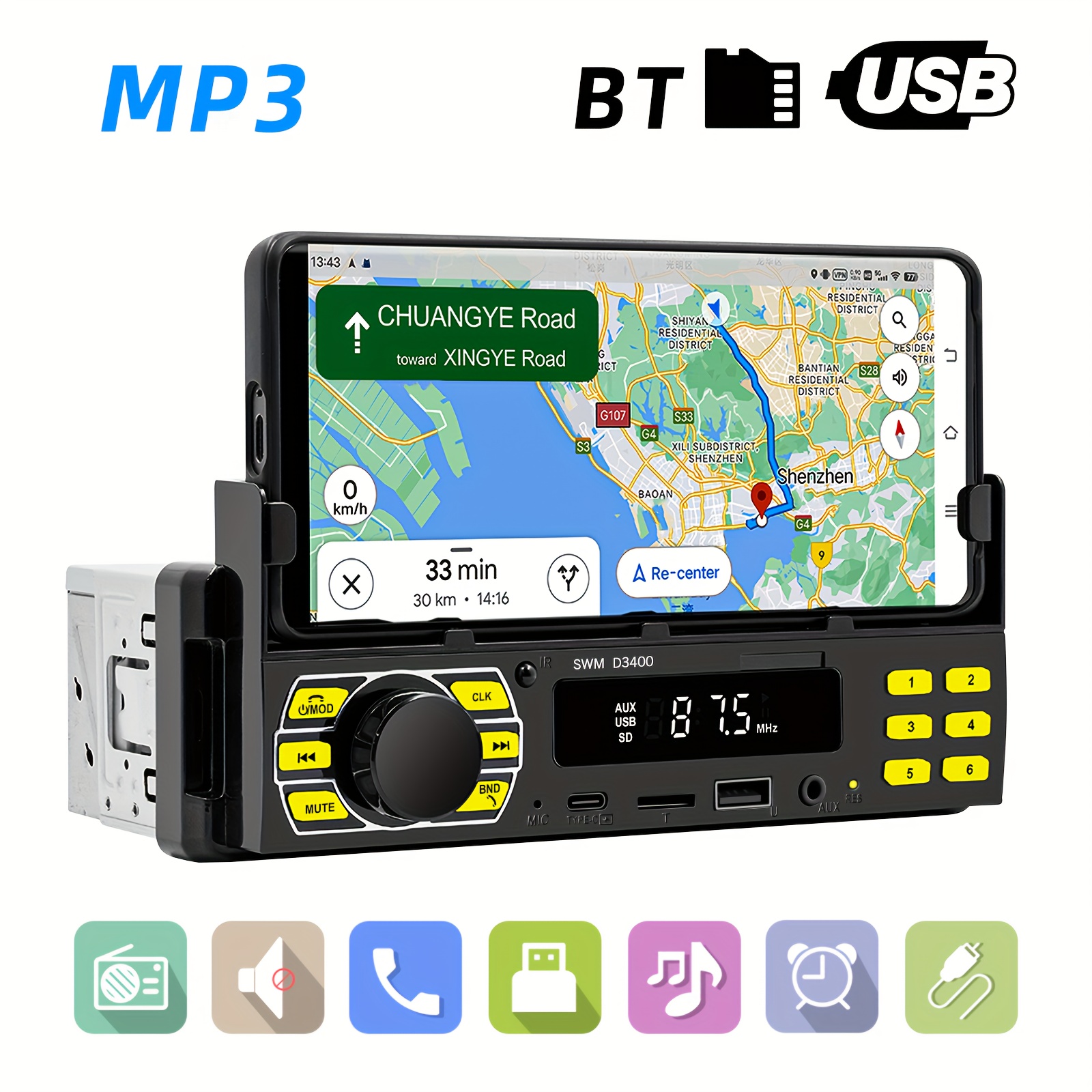 Autoradio Bluetooth Mains Libres, Microphone intégré stéréo Universel 1  DIN, Prise en Charge du Lecteur multimédia MP3 de Voiture USB/TF/SD/AUX  avec 5