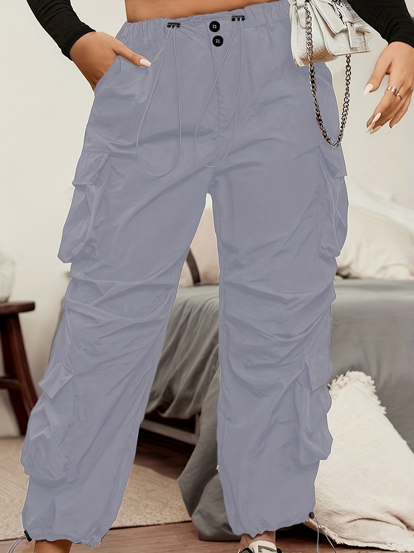 Plus Size Casual Capri Pants Women's Plus Solid Button Decor