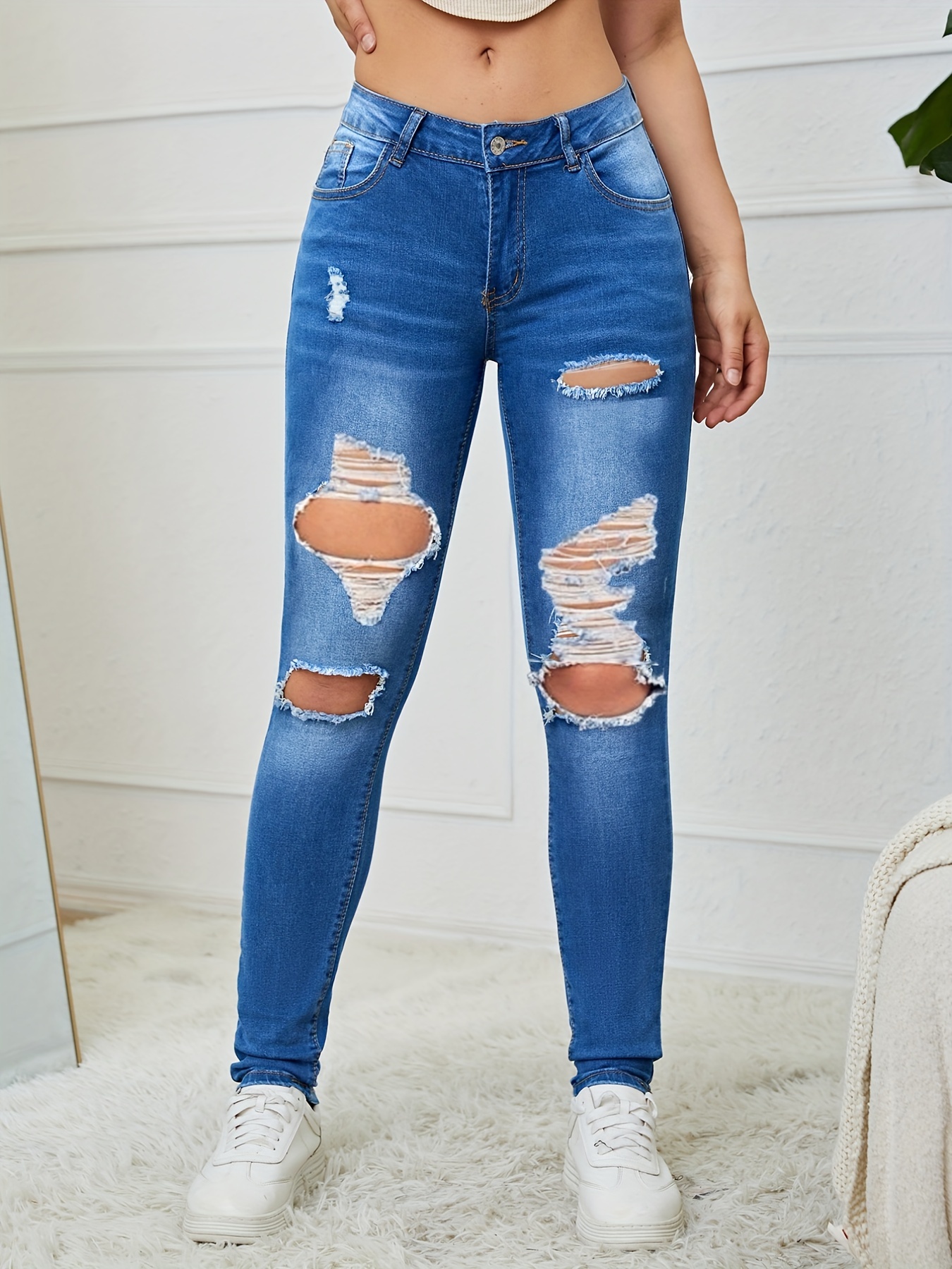Ripped High Skinny Jeans Light Washed Blue Stretchy - Temu