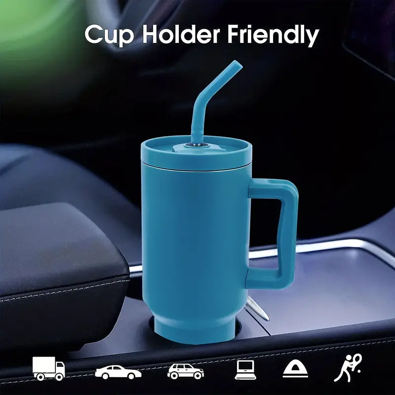 Tumbler 2-in-1 Leak Proof Lid, Vacuum Insulated Water Bottle With Handle  And Stainless Steel Straw, Large Portable Car Cup For For Hot And Cold  Drinking, Double Wall Mug, For Men And Women