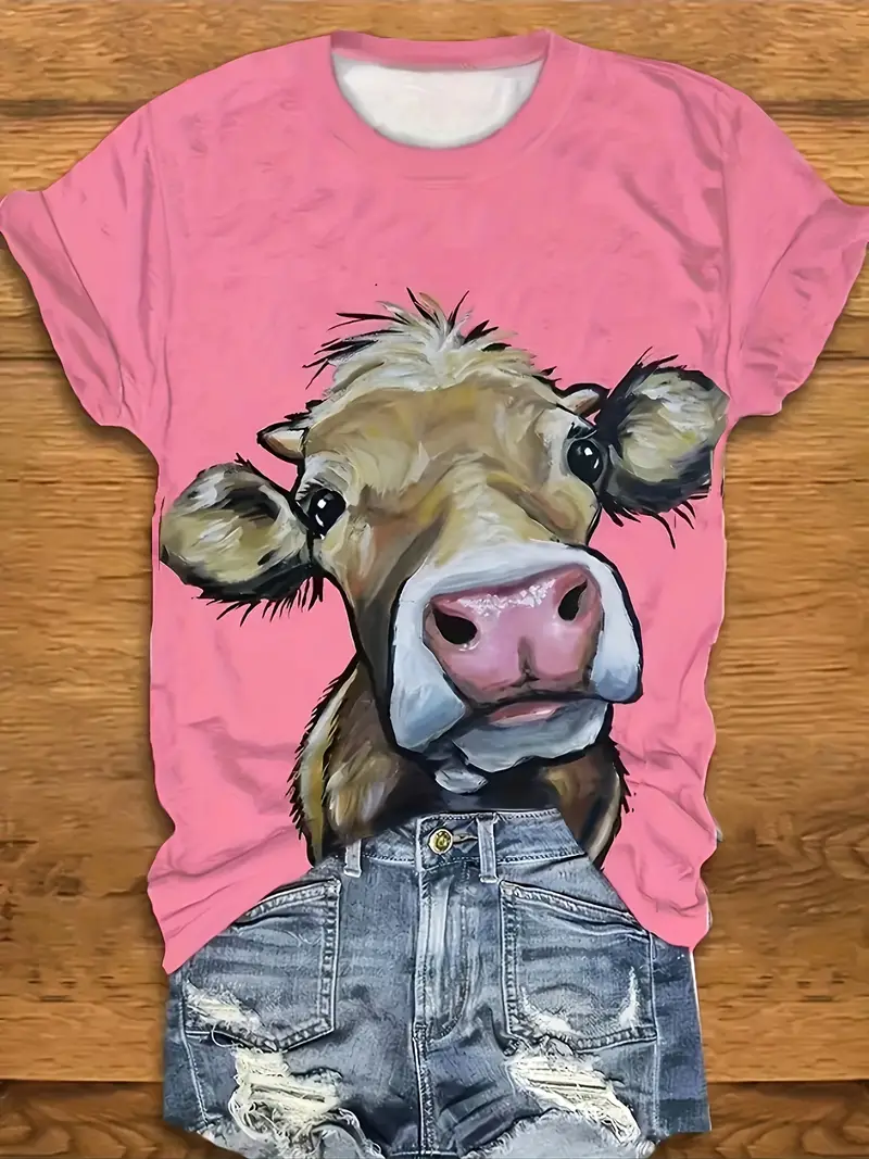 Cow Print Crew Neck T shirt Casual Short Sleeve Top Spring - Temu