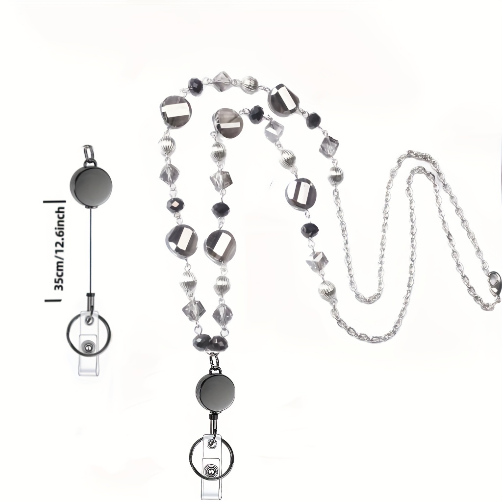 Glass Bead Retractable Lanyard Necklace with Easy-Pull Buckle - Long  Sweater Chain ID Holder