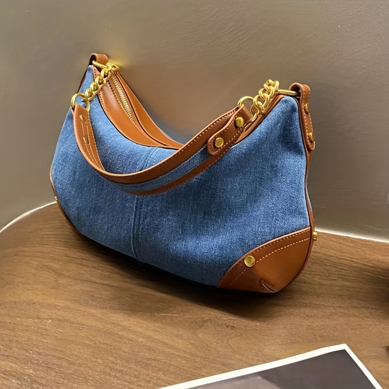 Vintage Color Stitching Large Capacity Hobo Tote Bag, Denim Chain  Lightweight Shoulder Bag, Casual Fashion Commuter Bag - Temu