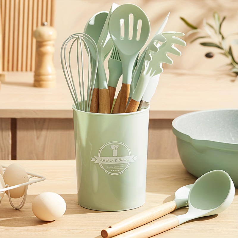 8-12PCS Pink/Black/Green/Mint Green Silicone Kitchenware Set for Non-Stick  Pan -- Wooden Handle Healthy Cookware Easy To Clean and High Temperature  Resistance Kitchen Utensils Set With Storage Bucket