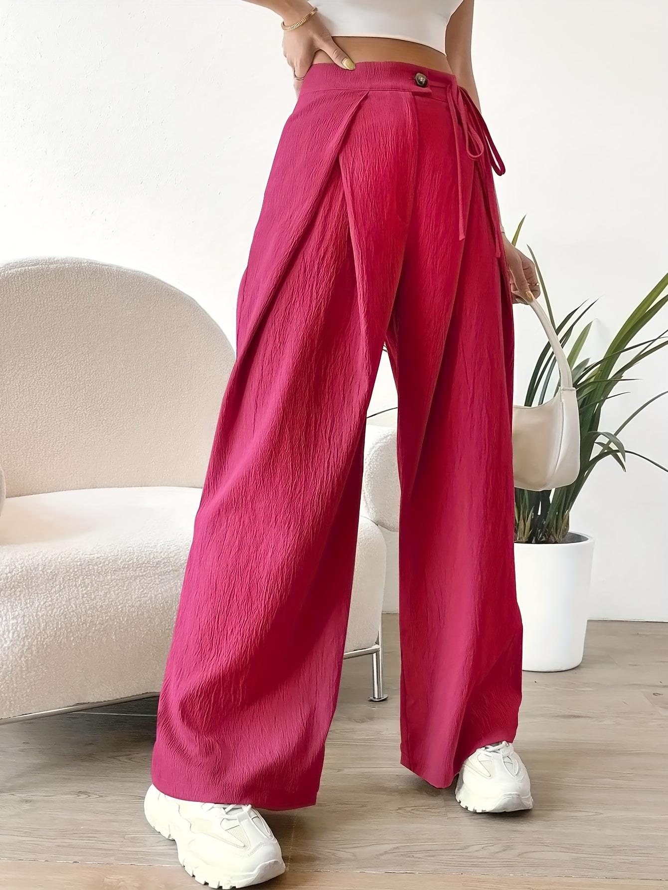 Mujeres Damas Cinturón elástico Sólido Pantalones Anchos Pierna Casual  Pantalones Largos