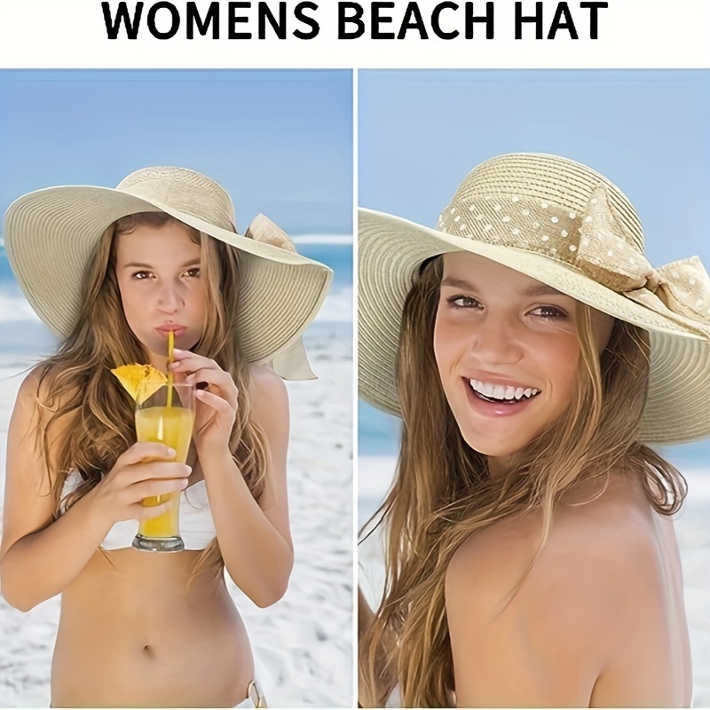 Women's Beach Sunscreen Straw Hat Dotted Twilly Scarf Decor - Temu Canada