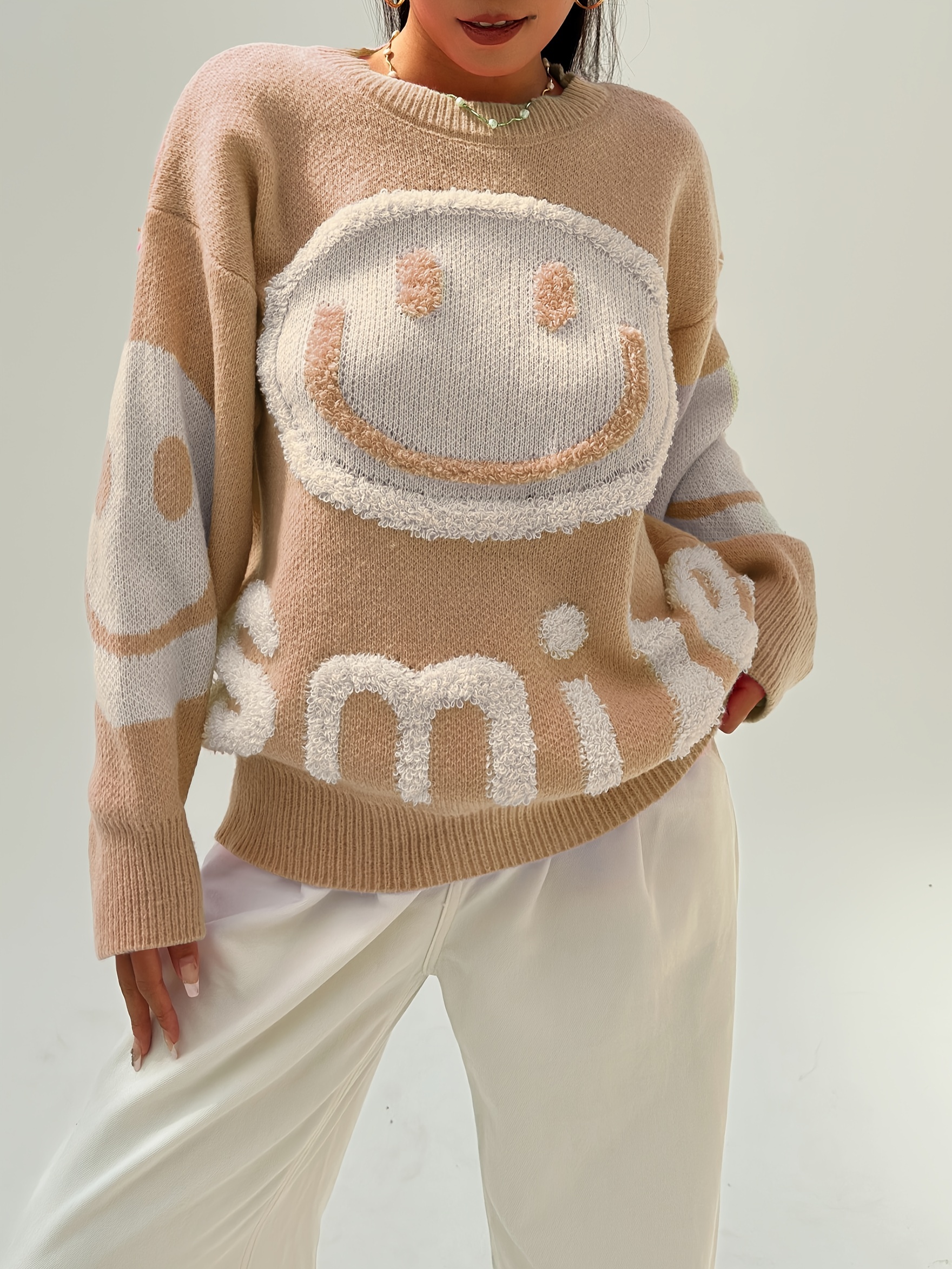 Smile Pattern Crew Neck Sweater Casual Long Sleeve Loose - Temu