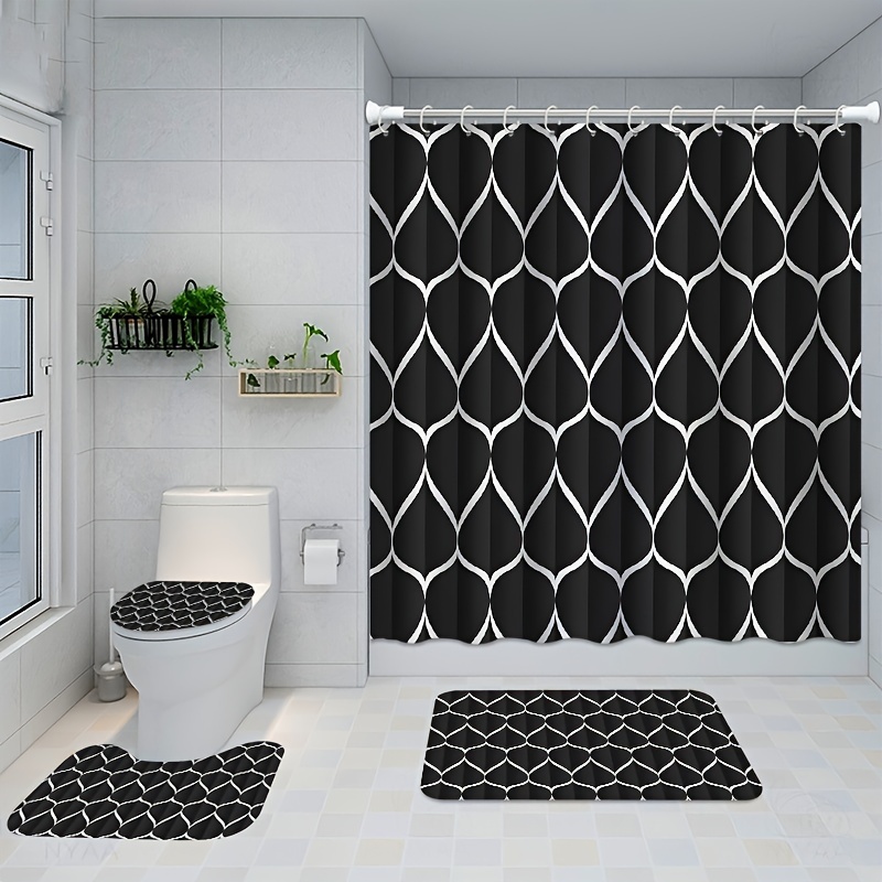 

1/4pcs Black & White Geometric Pattern Shower Curtain Set, Shower Curtain With 12 Hooks, Non-slip Bath Mat, U-shaped Toilet Mat, Toilet Mat, Bathroom Decor Accessories