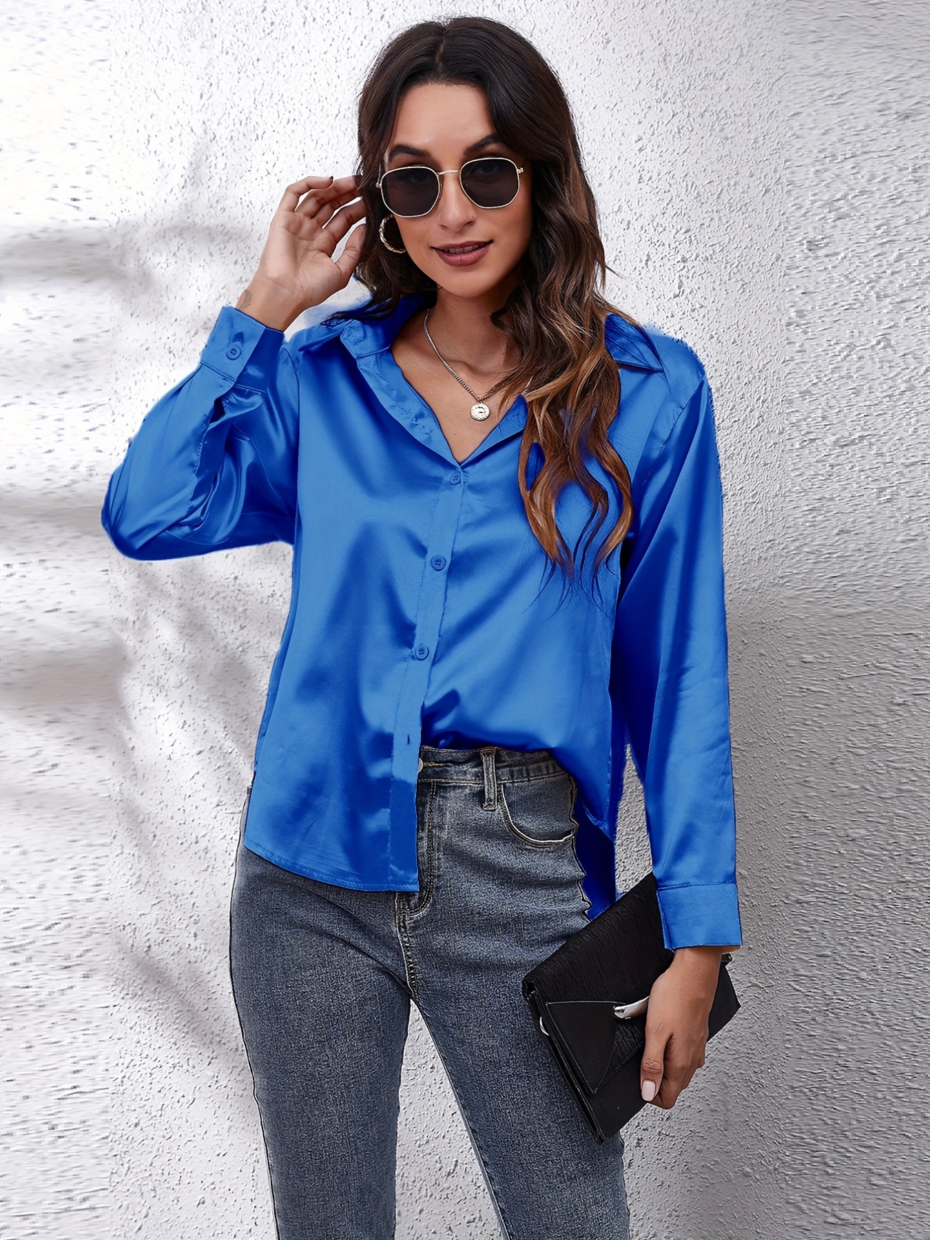 XFLWAM Womens Button Down Shirts Lapel V Neck Long Sleeve Office Blouses  Casual Business Solid Color Rolled Sleeve Tops Blue M 