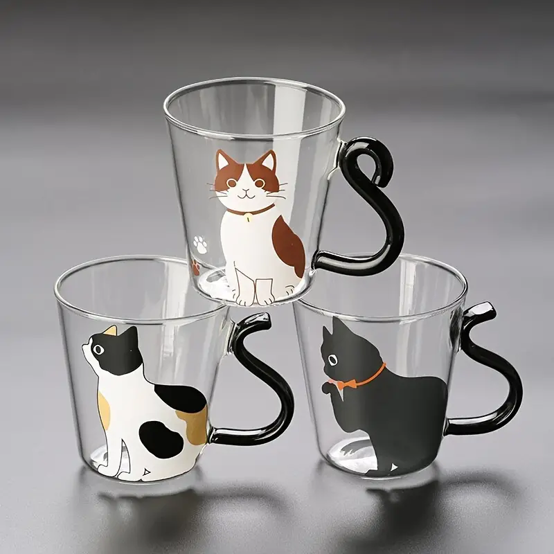 Cute Kitten Glass Cup, Kawaii Cat Glass Water Cup With Tail Handle