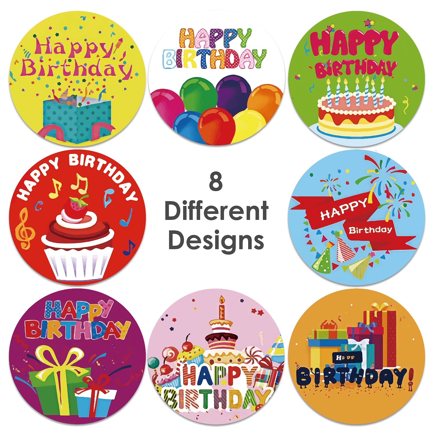 8 Patrones 500pcs/rollo Pegatinas de Cumpleaños Feliz Autoadhesivas Estilo  de Dibujos Animados Regalos de Fiesta Decoración Pan de Cumpleaños Donut Fe