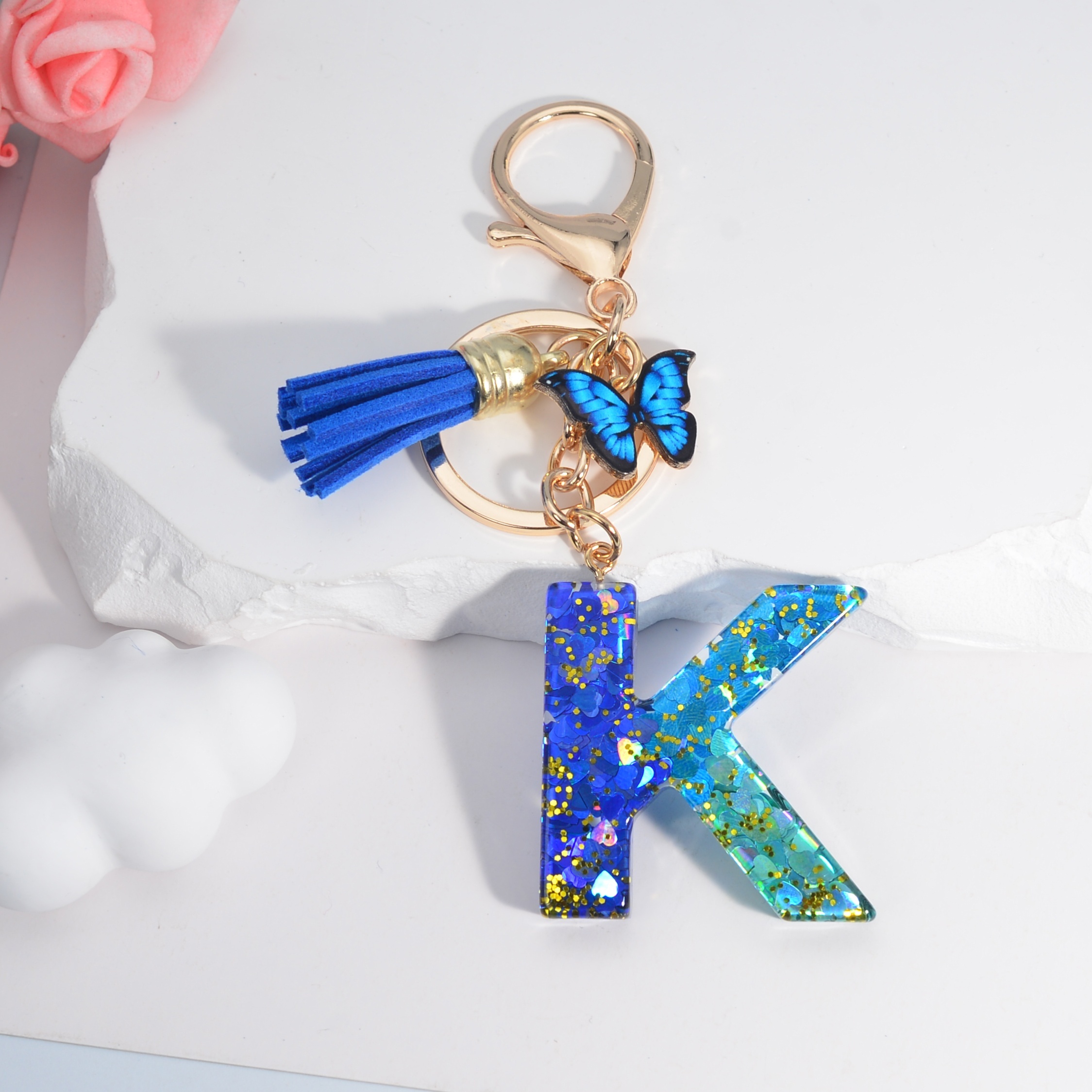1pc butterfly tassel blue green love keychain bright crystal men women charm letters pendant tkc 192 k 13