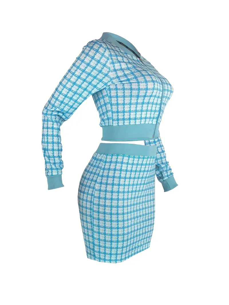 elegant plaid matching two piece set crop zip up jacket bodycon skirt outfits womens clothing details 18