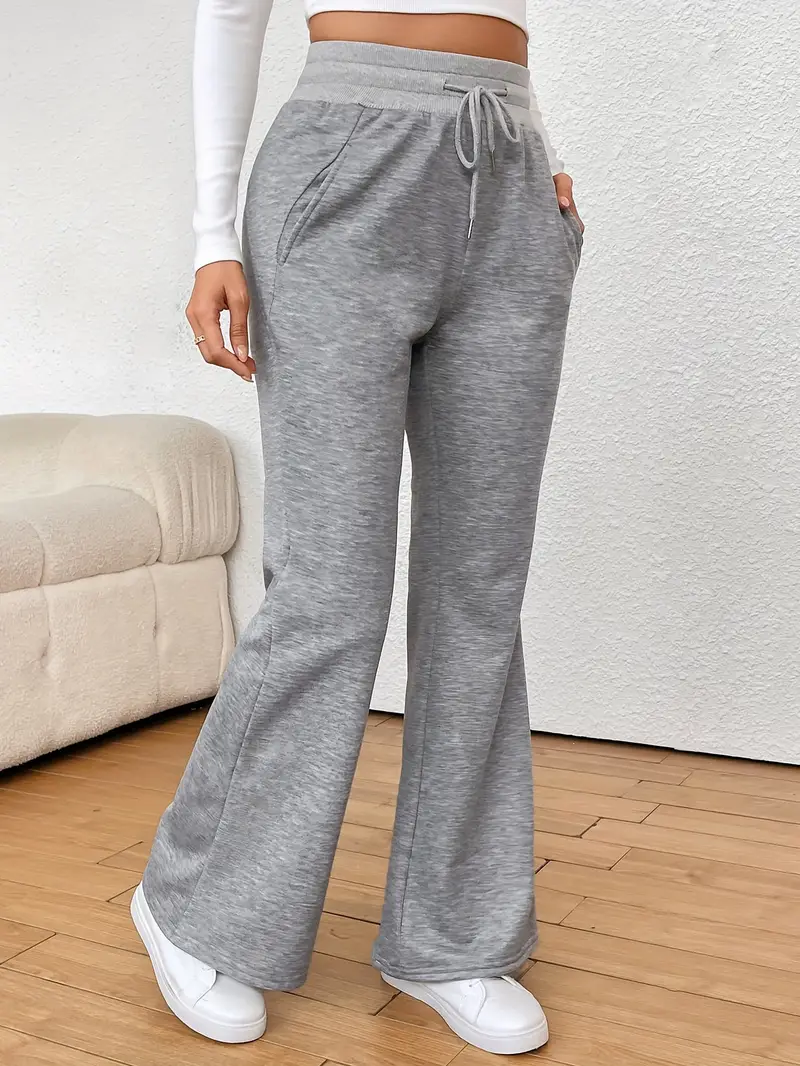 Solid Flare Leg Sweatpants, Casual Drawstring Waist Slant Pocket Pants,  Women's Clothing