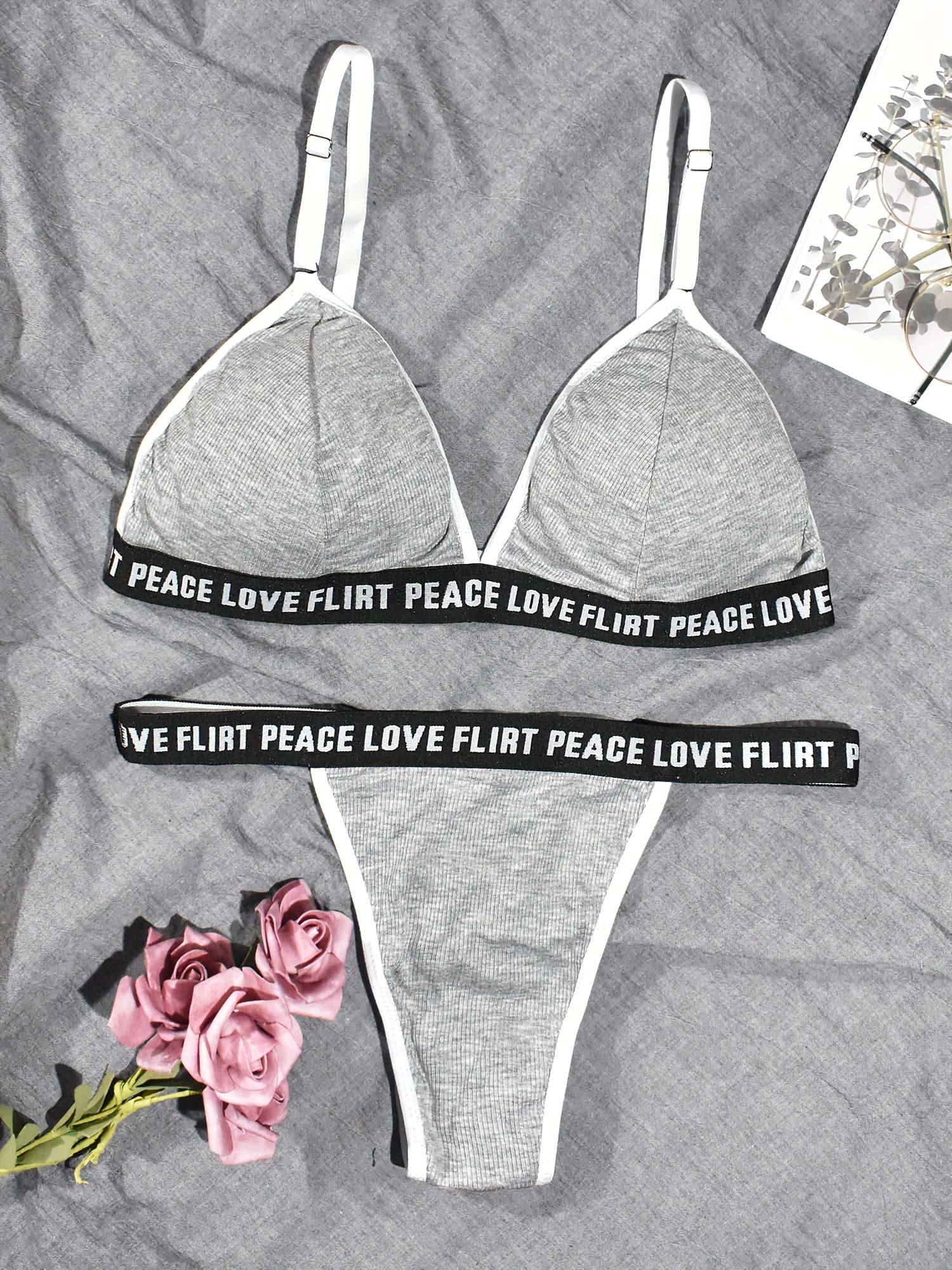 Letter Printed Love Flirt Peace Bra Panty Set, Lingerie, Bra and