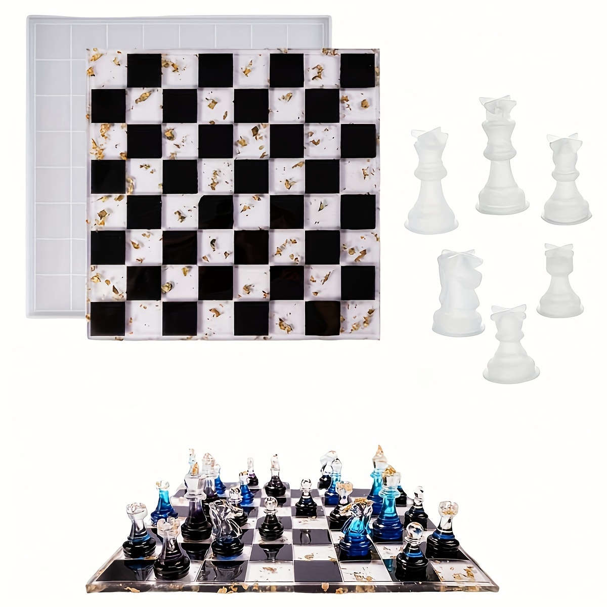 RESINWORLD 12 Inches XL Large Checkers Chess Board Mold for Resin, Full Size 3D Silicone Chess Piece Mold for Epoxy Resin, Chess Resin Mold Set, Chess